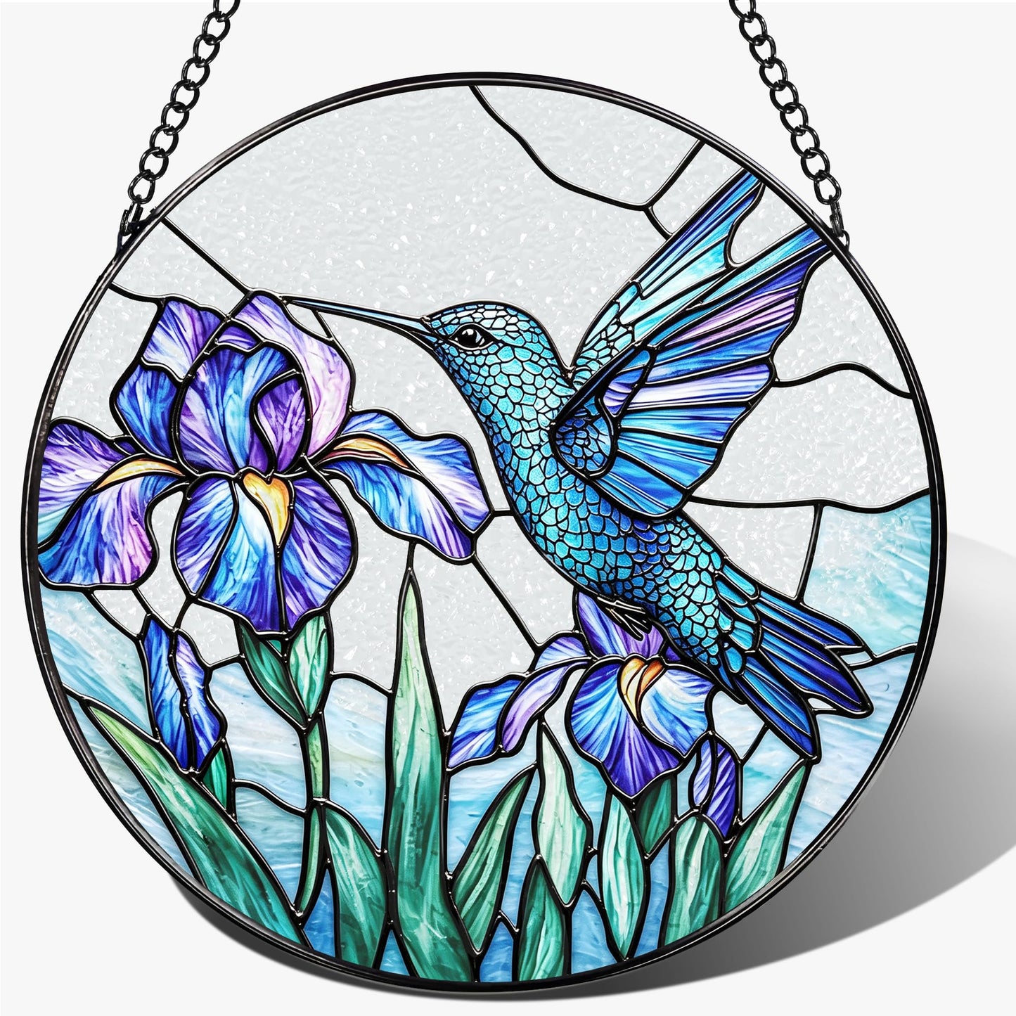 Stained Glass Window Hanging, 7.8 Inch Hummingbird and Iris Flower Stained Glass Suncatcher Ornament, Sun Catchers Indoor Window Decor, Nature Lover Gift, Gifts for Women: Wife, Mom & Grandma