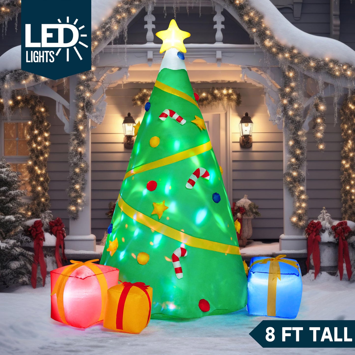 Joiedomi 8 FT Tall Christmas Inflatables Tree Decoration, Lighted Giant Christmas Tree with Build-in Projection Blow Up Self-Inflatables for Xmas Party Indoor, Outdoor, Yard, Garden, Lawn Décor