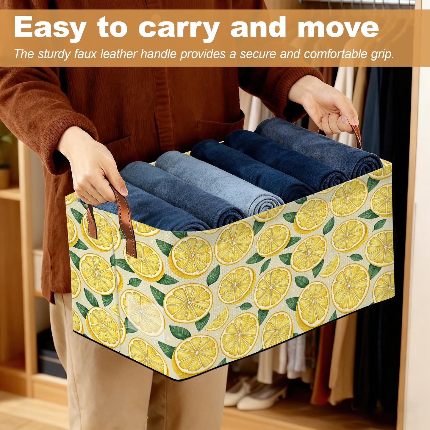 Oeaskly Lemon Fabric Storage Bins with Handles, Oxford Storage Basket for Closet Organization, Foldable Shelf Organizer for Bedroom, Nursery, Laundry, Office