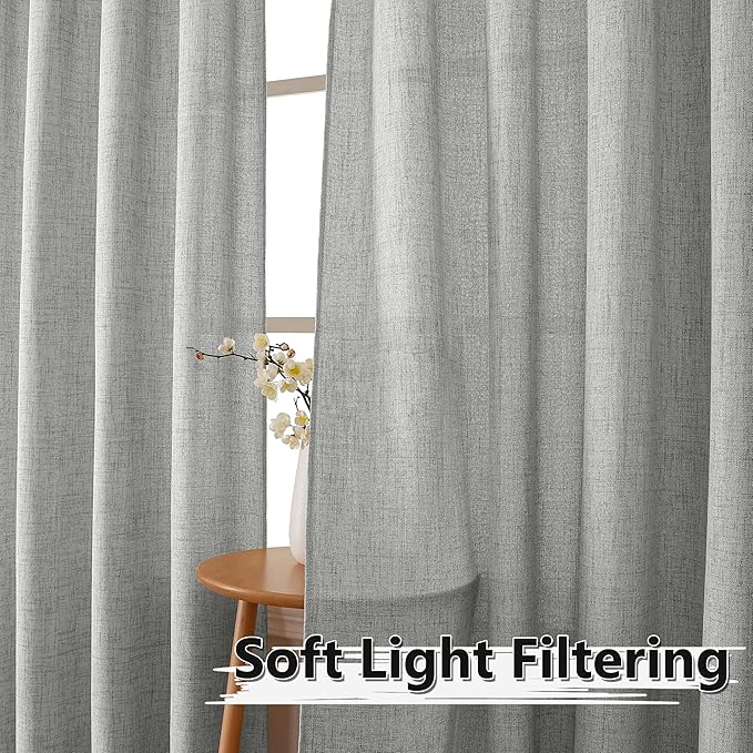 Tollpiz Short Linen Curtains Bedroom Rod Pocket Semi Sheer Curtain Burlap Light Filtering Thick Linen Drapes for Living Room, 38 x 45 inches Long, Silver Grey, Set of 2 Panels