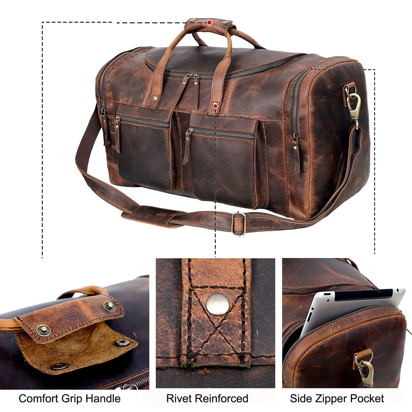 32" Vintage Duffel Classic Style with Modern Outlook Retro Thick Full Grain Cowhide Handmade Airplane Under seat Carry On Bags Leather Gym Overnight Luggage Bag