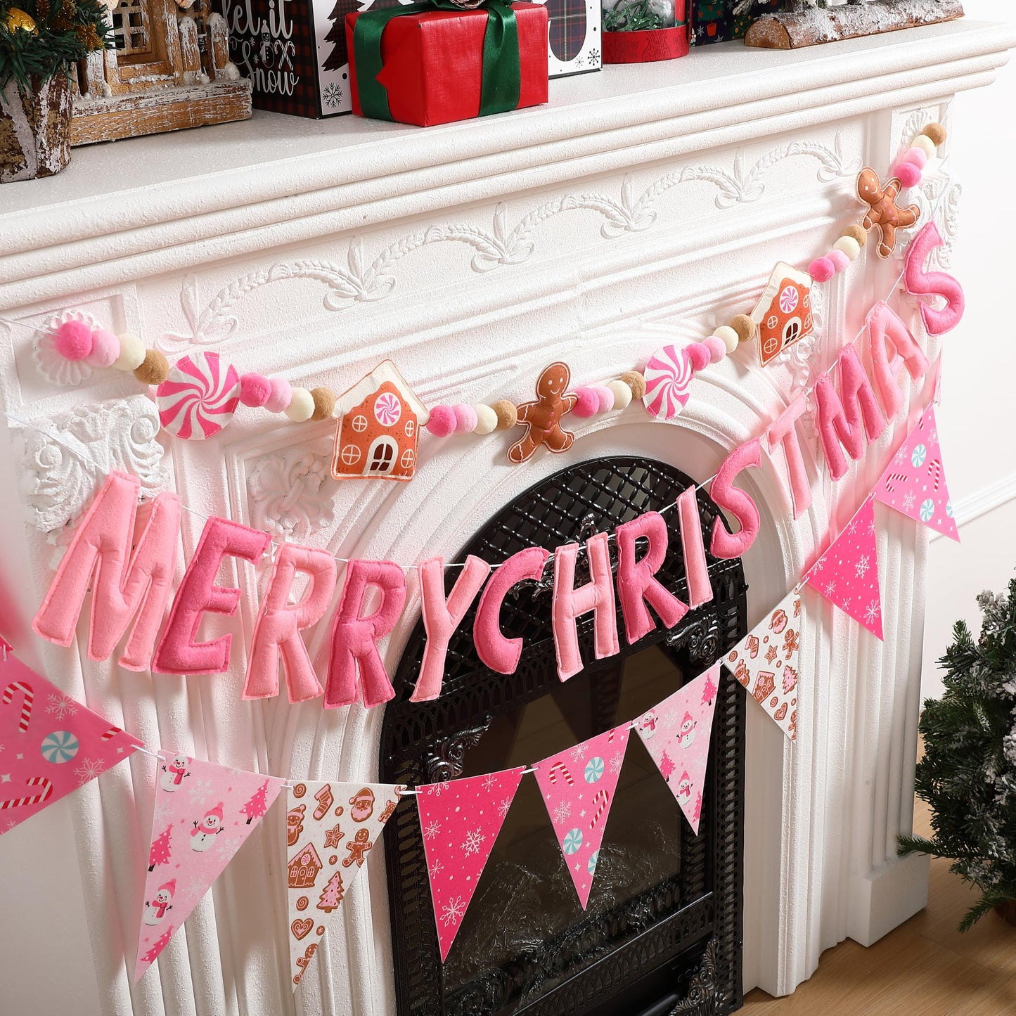 VitalCozy 3 Pcs Pre Strung Merry Christmas Banner Felt Merry Christmas Garland Felt Pennant Flag Xmas Sign Outdoor Indoor Decoration for Holiday Party Supplies Home Porch (Pink, White, Gingerbread)
