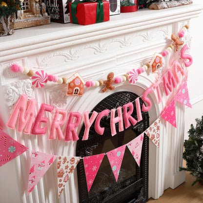 VitalCozy 3 Pcs Pre Strung Merry Christmas Banner Felt Merry Christmas Garland Felt Pennant Flag Xmas Sign Outdoor Indoor Decoration for Holiday Party Supplies Home Porch (Pink, White, Gingerbread)