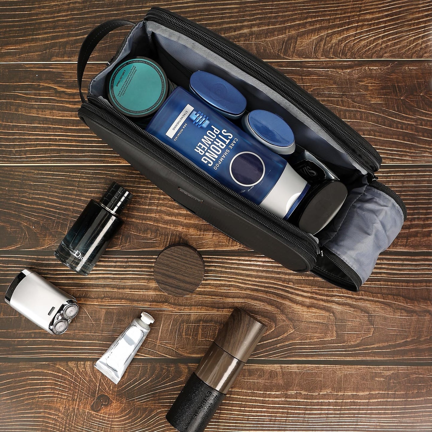 ZEEMO Travel Toiletry Bag for Men, Medium Water-Resistant Double-Sided Full-Open Dopp Kit, Versatile Organizer for Shower and Hygiene Accessories, Bathroom Essentials, Cosmetics, Large, Black