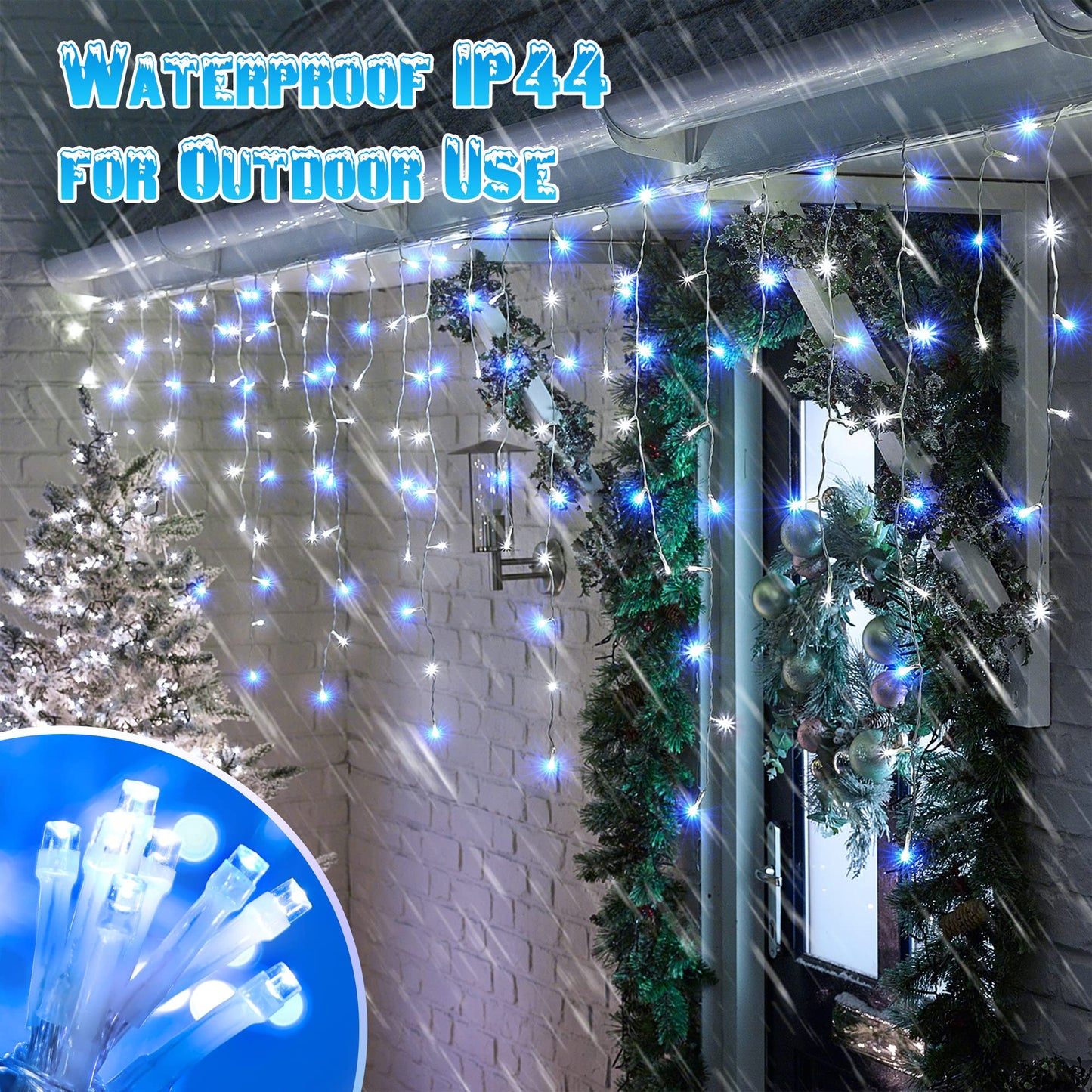 Toodour White & Blue Christmas Icicle Lights, 29.5ft 360 LED Icicle Lights, 8 Modes, 60 Drops, Window Curtain Led Christmas Light, Icicle Twinkle Light for Eaves, Party, Wedding, Xmas Decorations