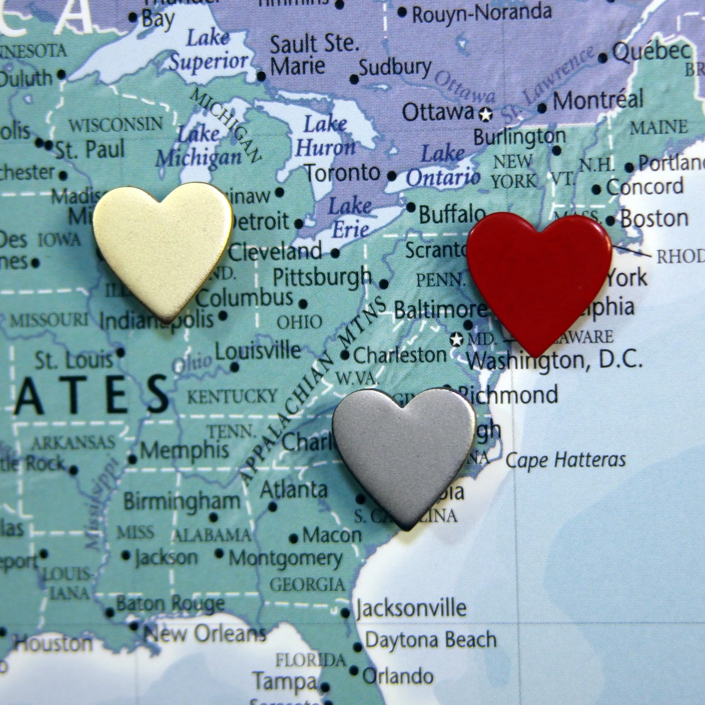Big Silver Heart Push Pins - Large Silver Metal Heart Map Pins - for Cork Board, Maps, or Lapel Pin Use - Designed in USA - Set of 20