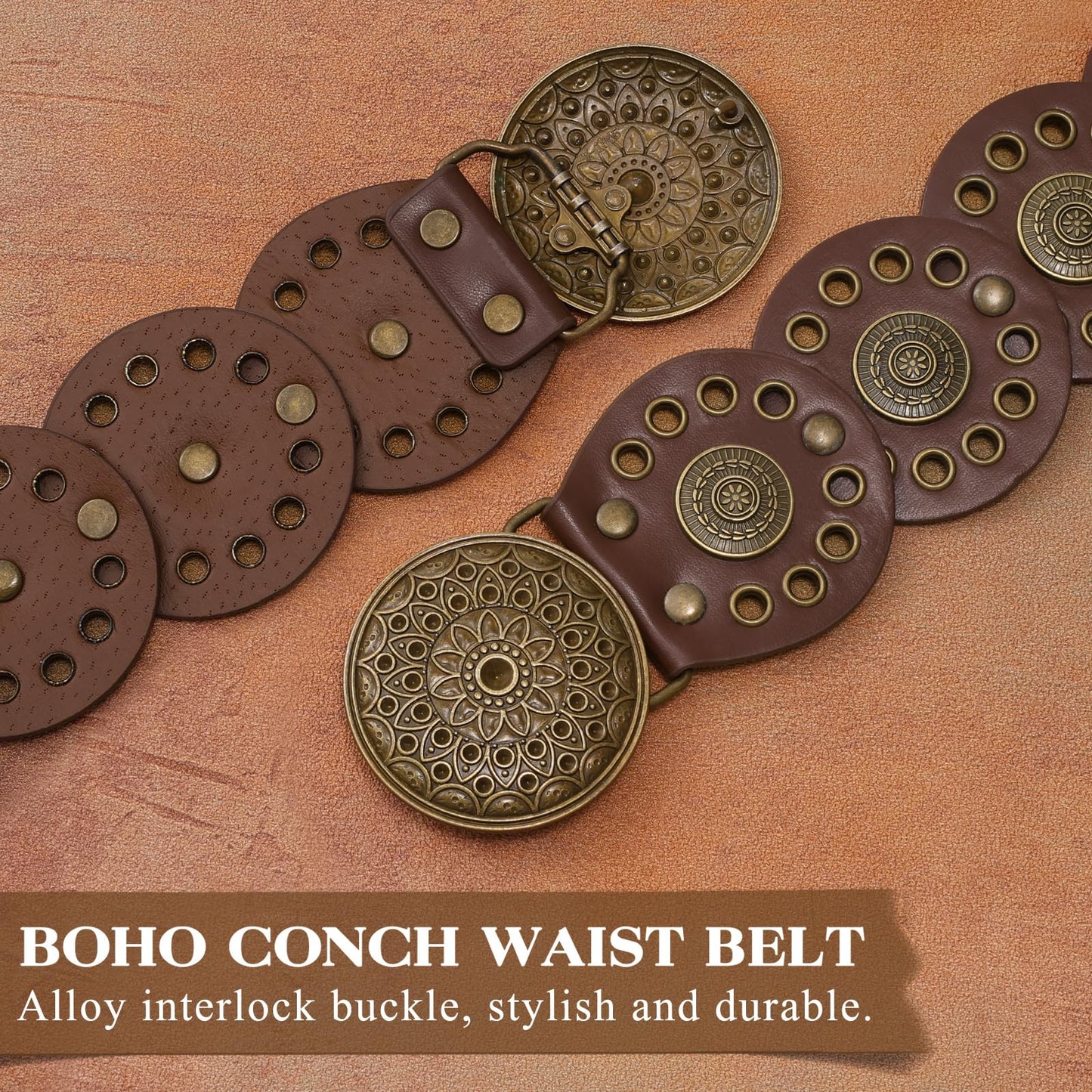 WHIPPY Western Belts for Women Vintage Disc Waist Belts Concho Leather Belts Boho Waist Belt for Dress Jeans, Bronze Brown, S