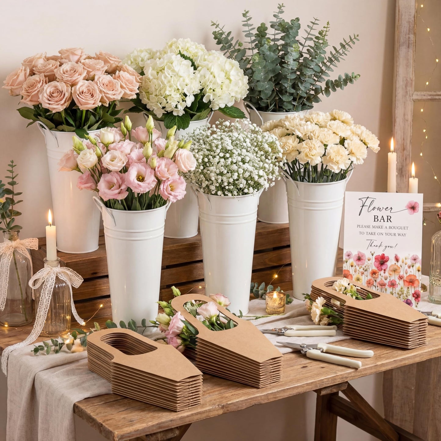 LEIFIDE Flower Bar Buckets Set Kit Bloom Bar Supplies Include Wood Sign Gift Bags Iron Bucket Garden Flower Shears for Wedding Bridal Shower Graduation Birthday Table Centerpieces(39 Pcs,Light Beige)