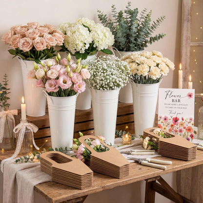 LEIFIDE Flower Bar Buckets Set Kit Bloom Bar Supplies Include Wood Sign Gift Bags Iron Bucket Garden Flower Shears for Wedding Bridal Shower Graduation Birthday Table Centerpieces(39 Pcs,Light Beige)