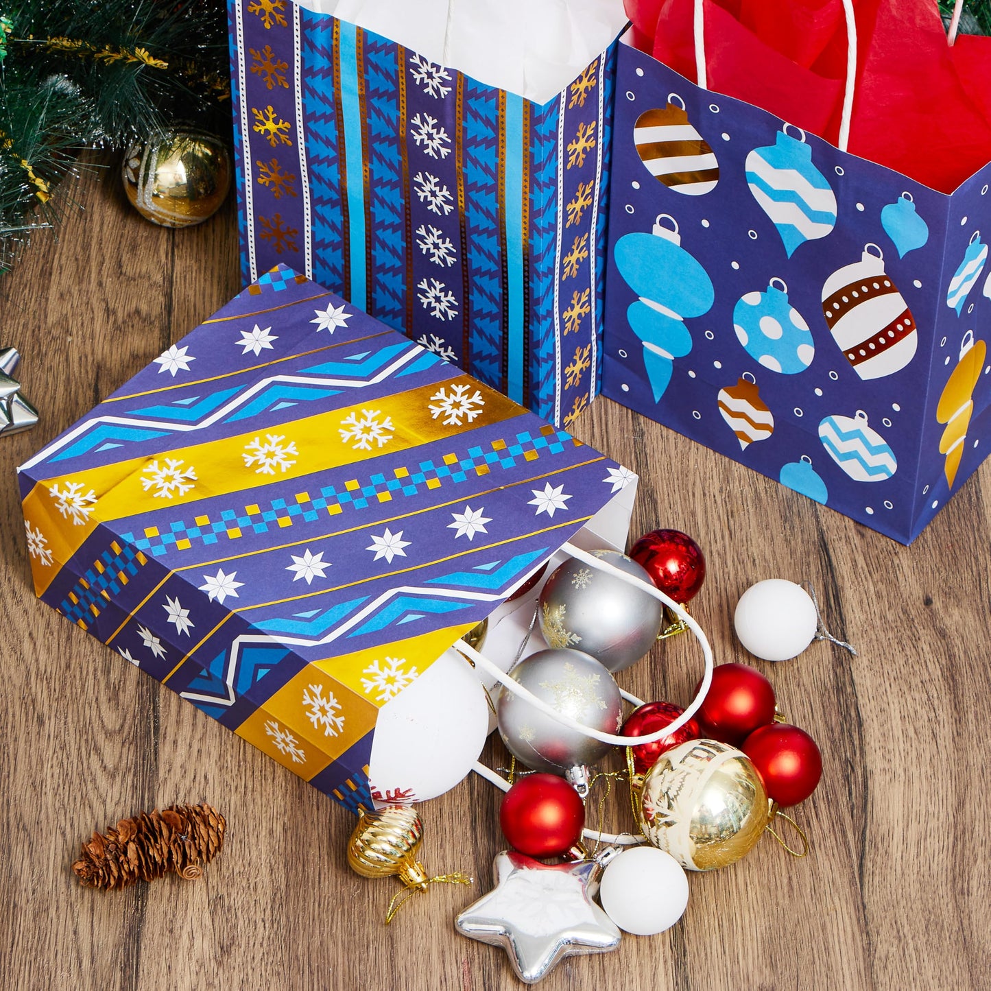 JOYIN 24 PCS Christmas Kraft Gift Bags Xmas Holiday Present Wrapping Paper Goody Bags with Handles for Classrooms and Wedding Decor, Party Favors and Decor Supplies (Blue, 9 x 7.3 x 3.3)