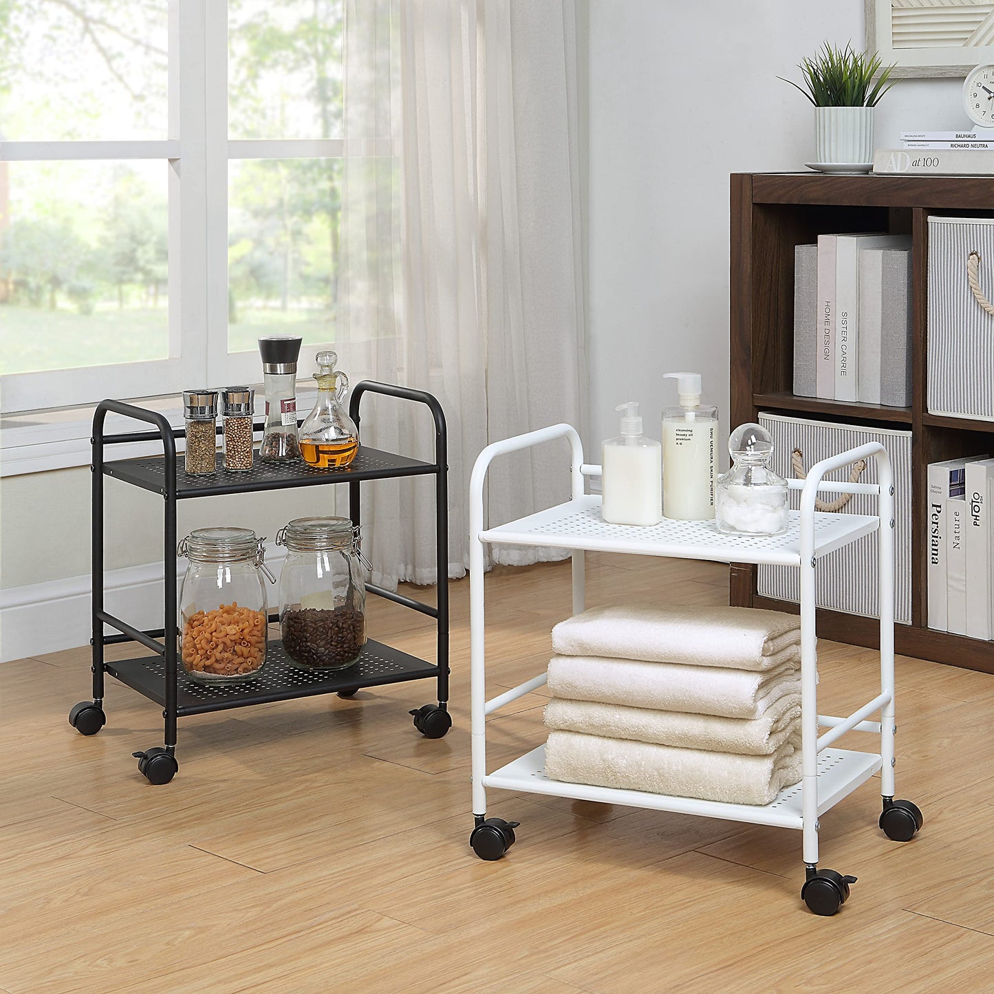SunnyPoint 2-Tier Metal Rolling Utility Cart – Mobile Storage Shelf with Caster Wheels – Small Space Organizer for Home, Office, Bedroom, Kitchen (BLK)