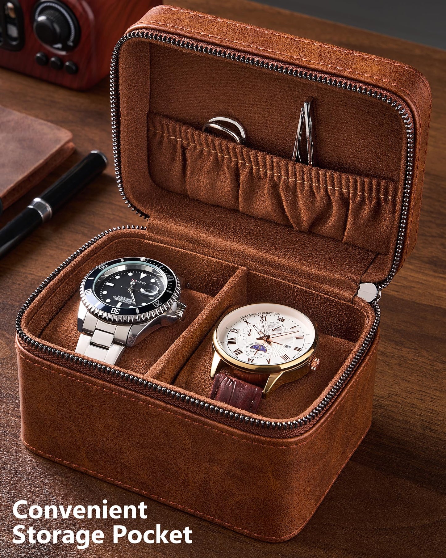 ProCase 2-Slot Watch Travel Case for Men, PU Leather Portable Watch Holder, Compact Small Carrying Storage Box for Luxury Watches & Smartwatches with Jewelry Compartment, Fathers Day Gift -Brown