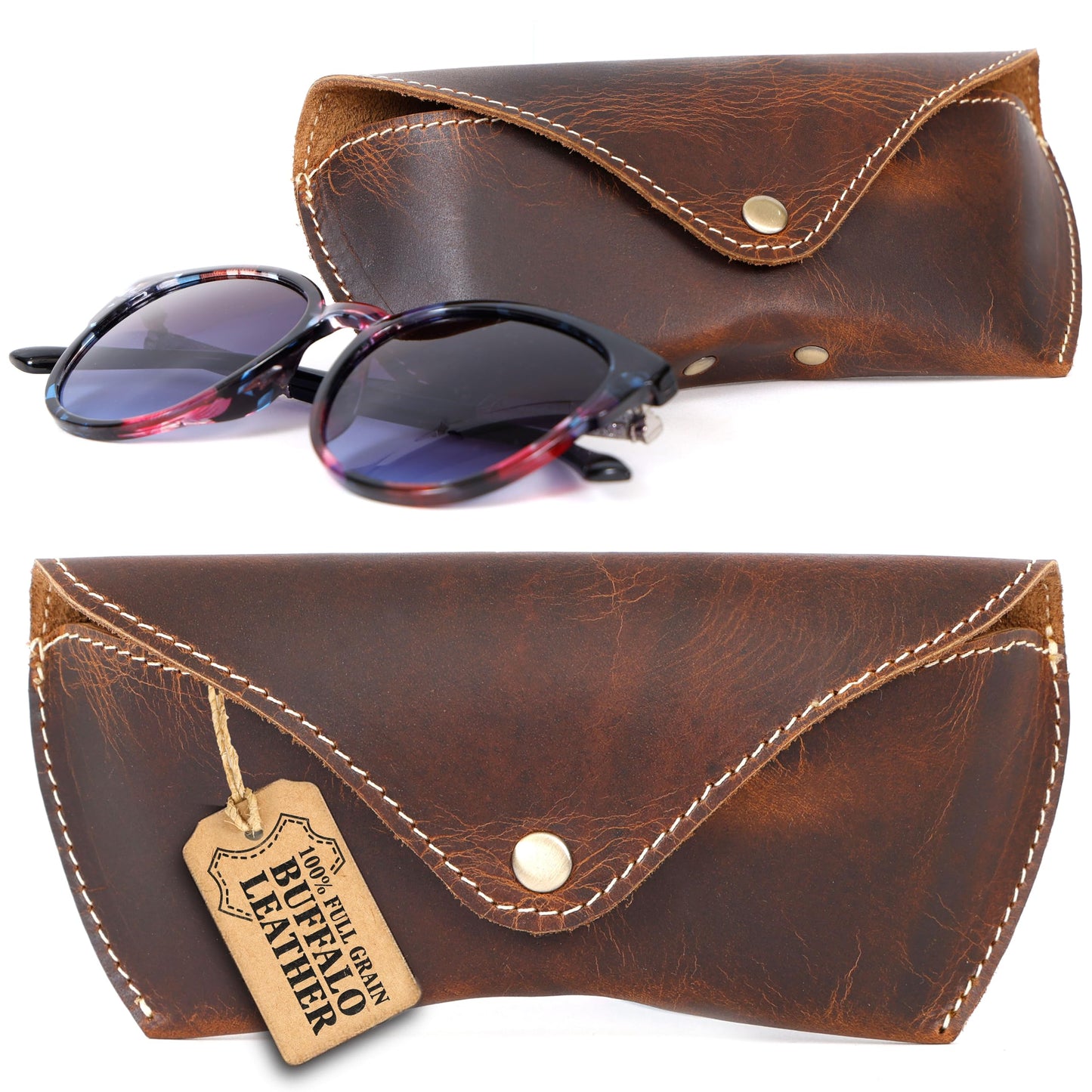 Genuine Leather Sunglass Cases, Portable - Slim Eyeglass, Glasses Holder for Men & Women with Button-Closure Sunglass Organizer for Travel & Outdoor (Brown)