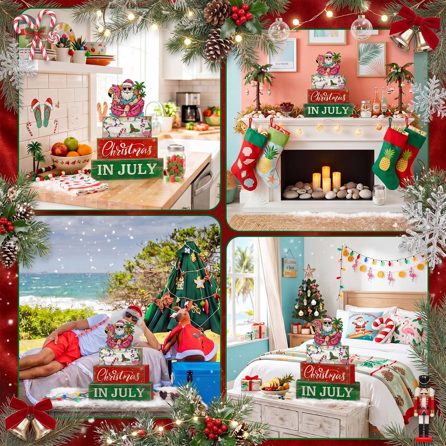 Lineshading 4 Pcs Summer Christmas in July Wooden Table Decoration Tropical Christmas Tiered Tray Decor Santa Claus Flamingo Beach Party Supplies Xmas Table Centerpiece Sets for Shelf Home Office