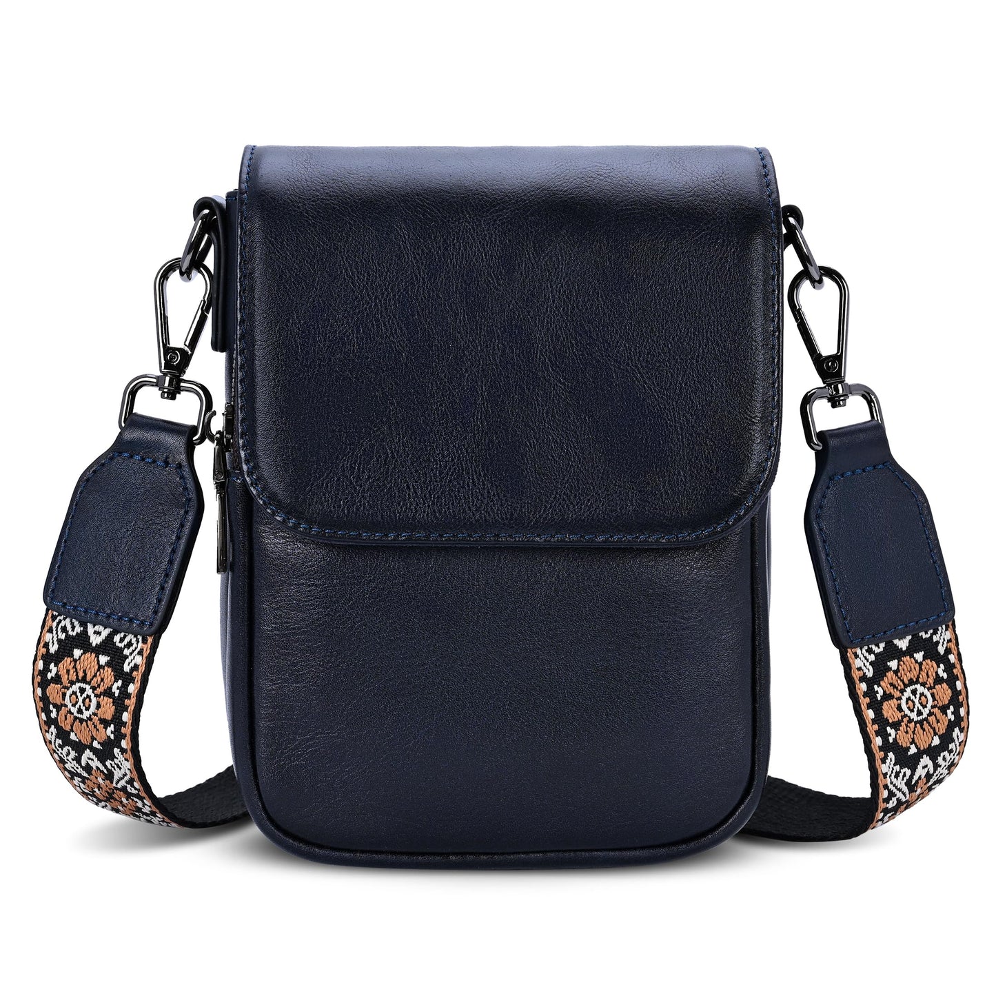 HESHE Leather Small Crossbody Bags for Women RFID Blocking Cell Phone Purse Anti-Theft Travel Bag with wide Straps (Navy Blue)