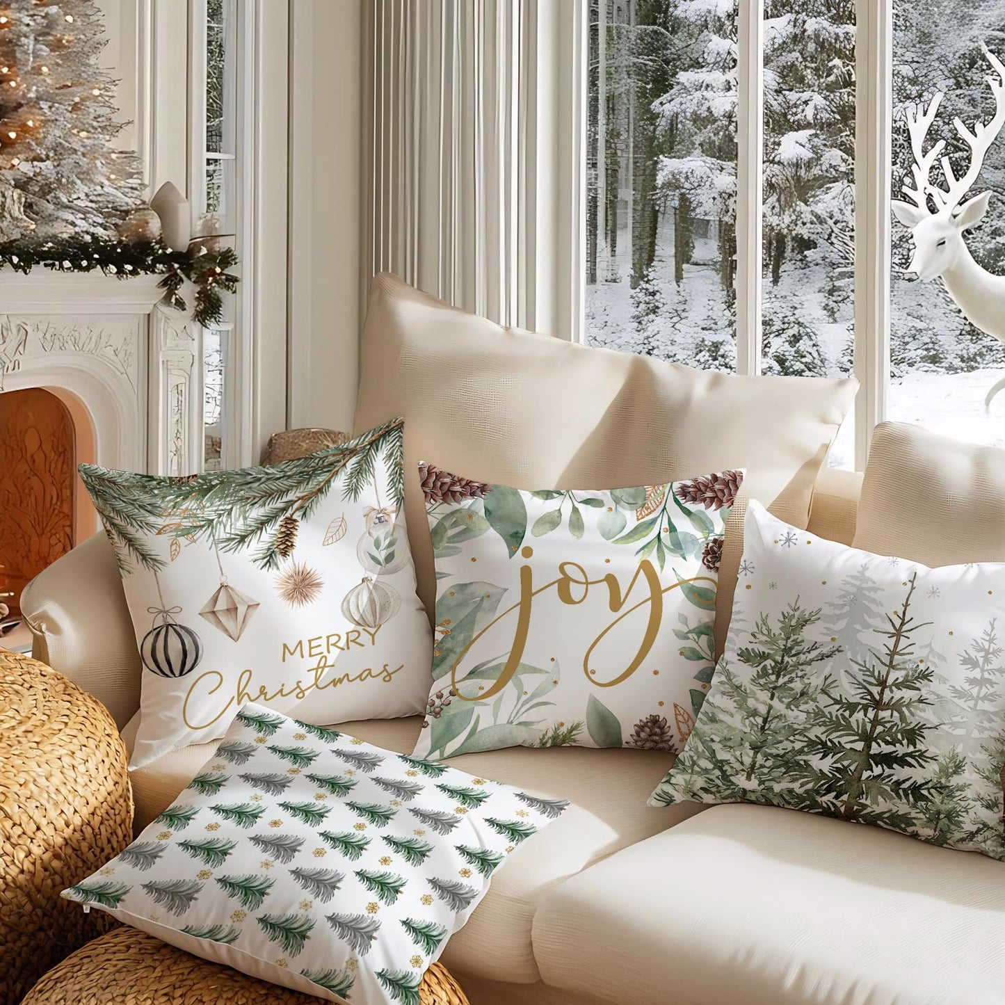 Artmag Merry Christmas Tree Pillow Covers Decorations, 22x22 Inch Set of 4 Xmas Balls Joy Cushion Case for Holiday Winter Coach Sofa Living Room Decor