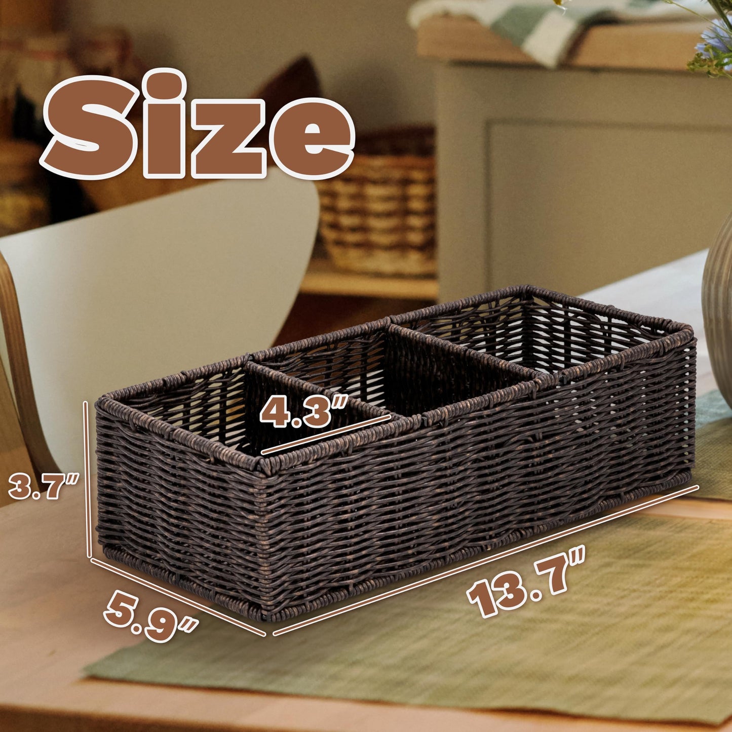 myHomeBody Wicker Basket With 3 Compartments, For Toilet Tank Paper Rolls, Hand Woven Bathroom Countertop Organizer, Bedroom Organization, 1pc, Rustic Brown