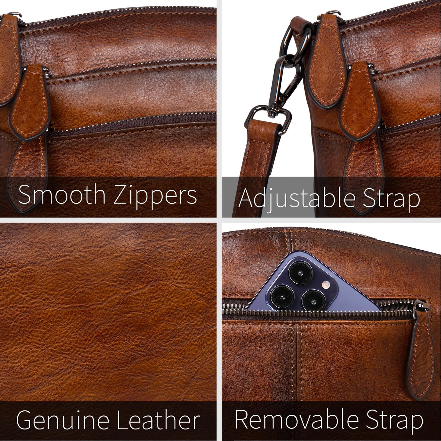 HESHE Leather Crossbody Bags for Women Vintage Satchel Bags Leather Purses and Handbags Small Shoulder Handbags Sling Pocket Bag Hobo Purse Designer Travel Bags (Brown)