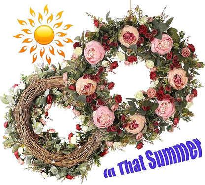 Spring & Summer Wreath, 24in Round, Red Silk & Grapevine, Door Mount, Seasonal Decorative