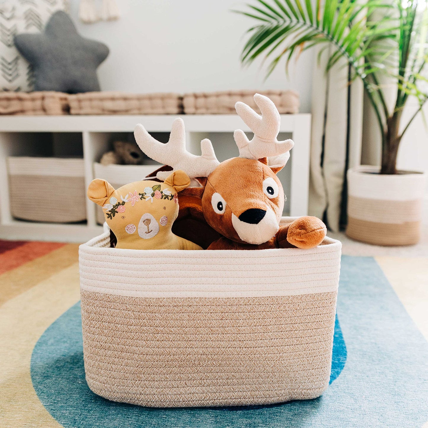 Light Honey Cotton Rope Baskets for Shelves, Set of 3 - 15"×10"×9½" - Woven Storage Baskets for Organizing - Closet, Nursery, Bedroom, Playroom - Toys, Books, Towels, Clothes