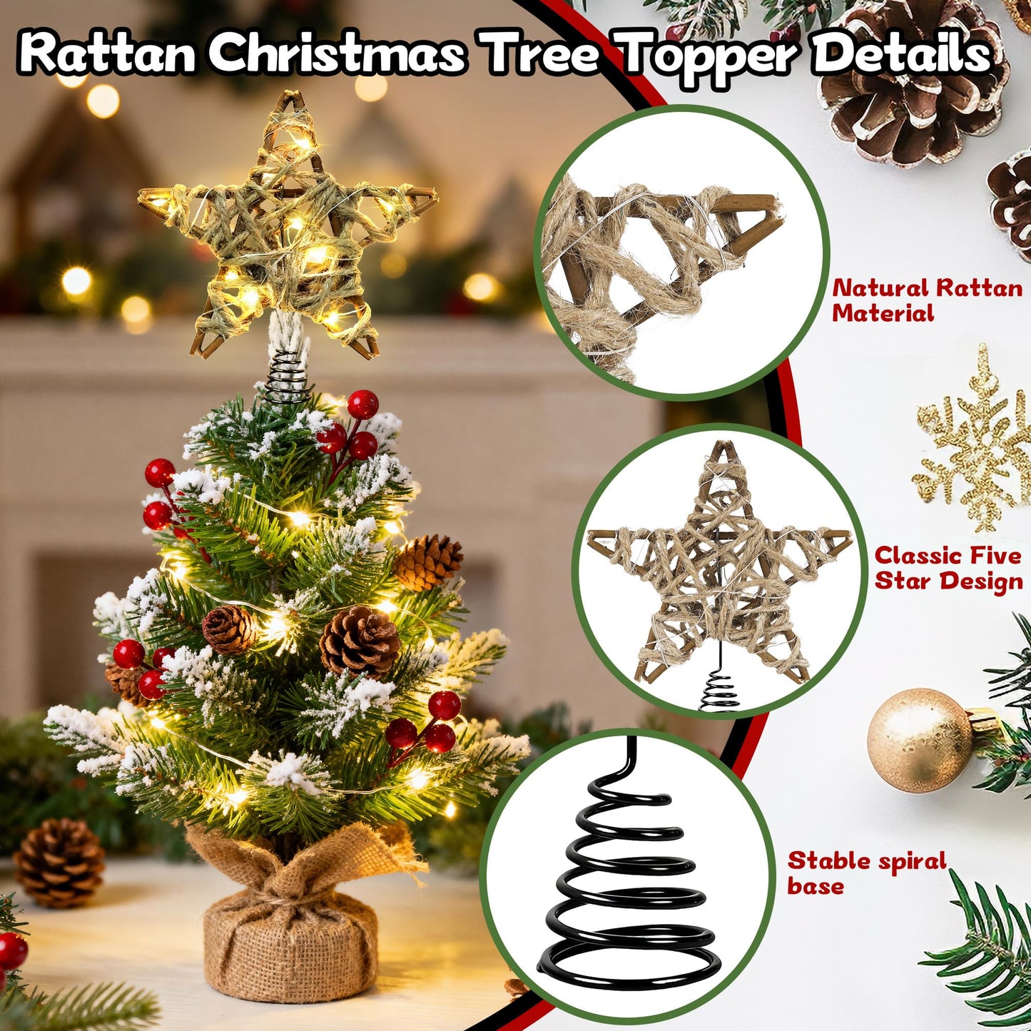 Joytry Christmas Tree Topper Rustic Christmas Tree Topper Star 6 Inch, Battery Operated Lighted Jute Rattan Star Warm White Light Christmas Tree Decoration for Small Tabletop Christmas Trees