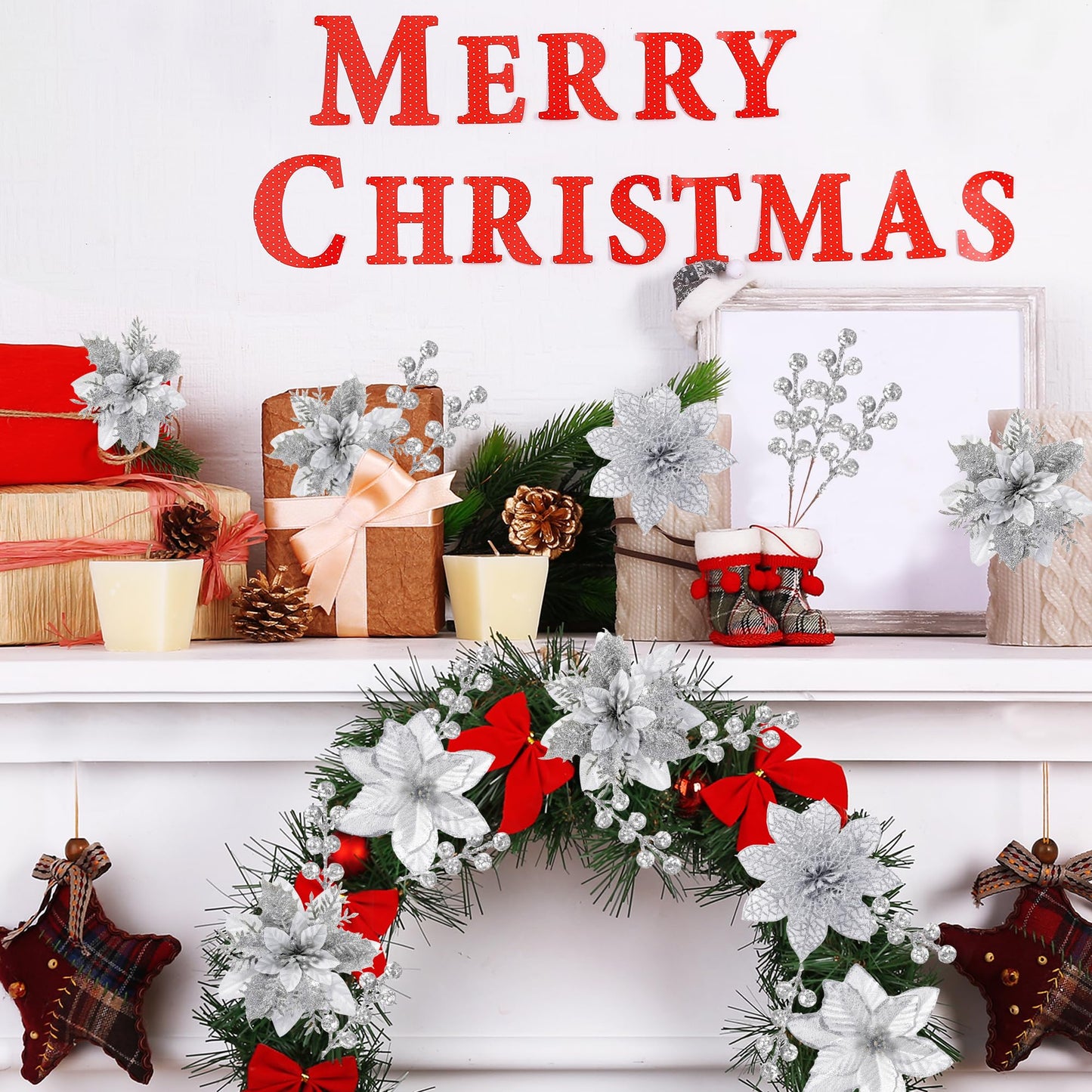Sggvecsy 30 Pcs 3 Styles Christmas Glitter Poinsettia Flowers Artificial Berry Picks Christmas Tree Ornaments Artificial Christmas Flowers with Clips for Xmas Wreath Wedding Floral Decorations(Silver)