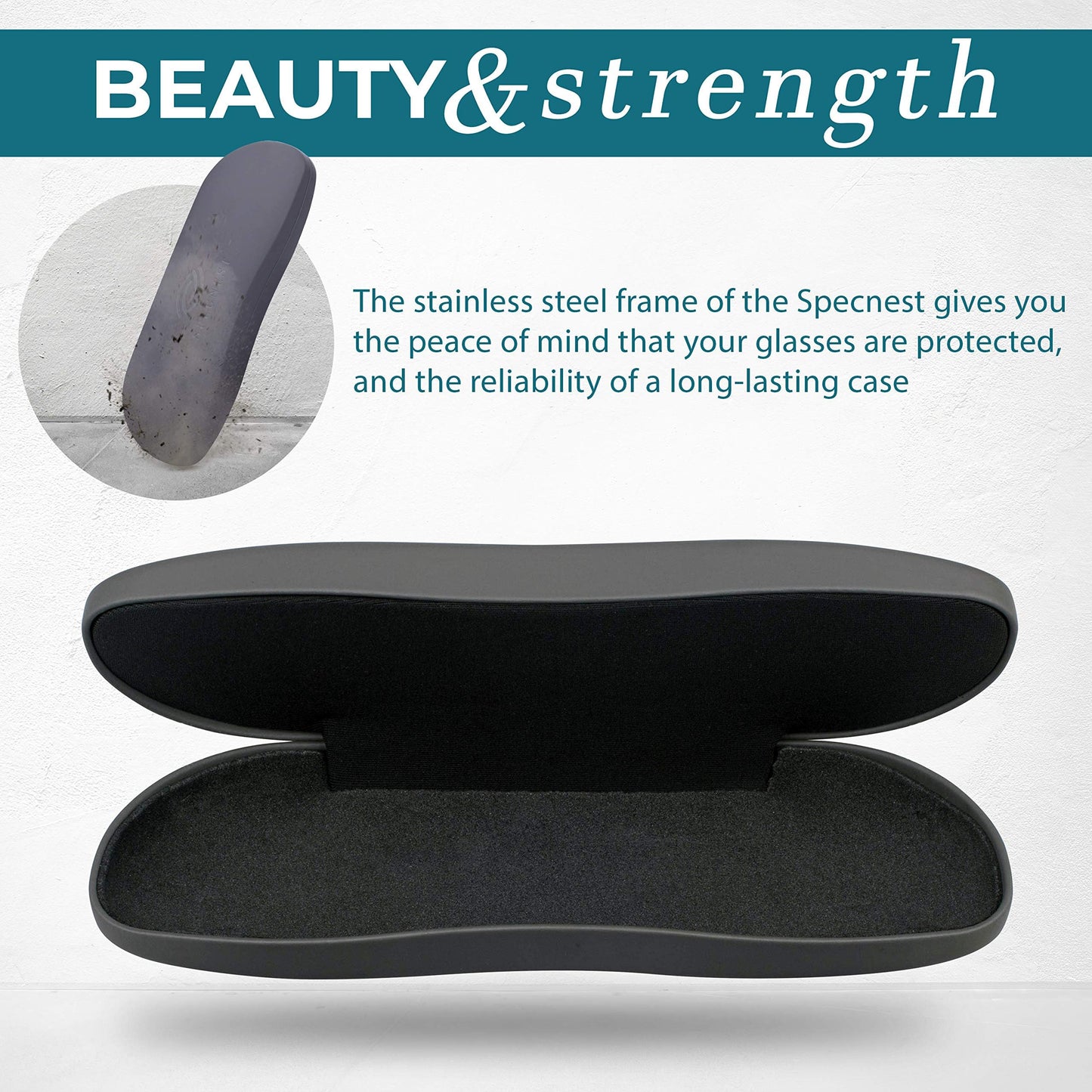 SpecNest Eye Glass Case - Thin and Slim Hard Shell Glasses Case for Eyeglasses - Stainless Steel Shell with Vegan Leather for a Modern Professional Look - Hard Glasses Case