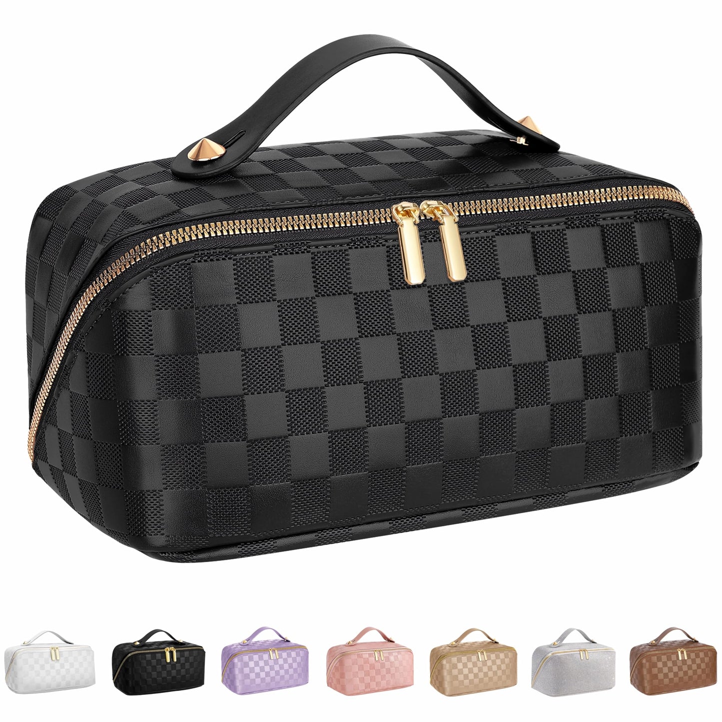 ALEXTINA Large Capacity Travel Cosmetic Bag - Portable Makeup Bags for Women Travel Toiletry Bag Waterproof Leather Checkered Makeup Organizer Bag for Travel Essentials, Open Flat Make up Bag, Black