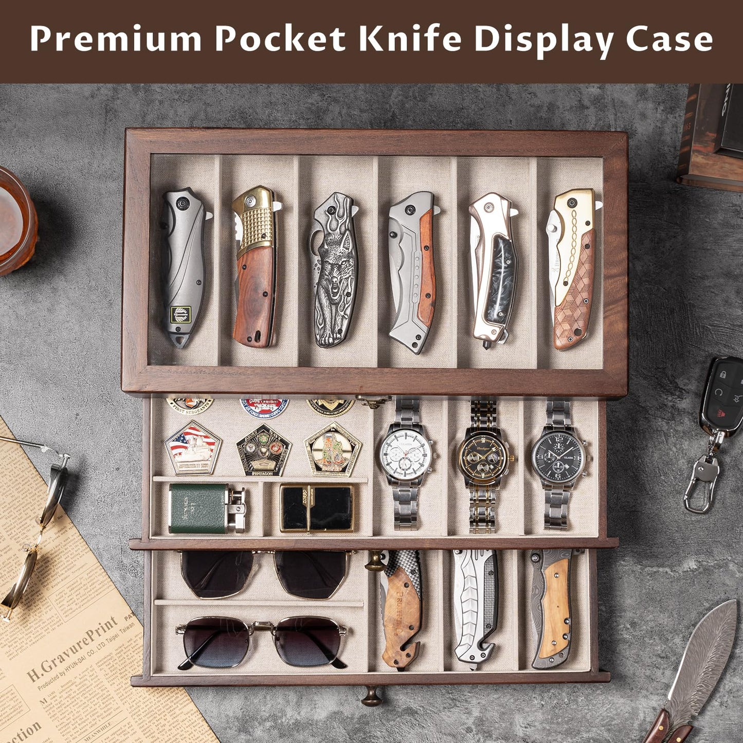 Yoimori Knives Display Box, 3-Layer Pocket Knives Box Display & Storage Knives, Solid Wood Knives Box for Collections, Gift for Boyfriend Fathers Day Birthday Gifts(Walnut)