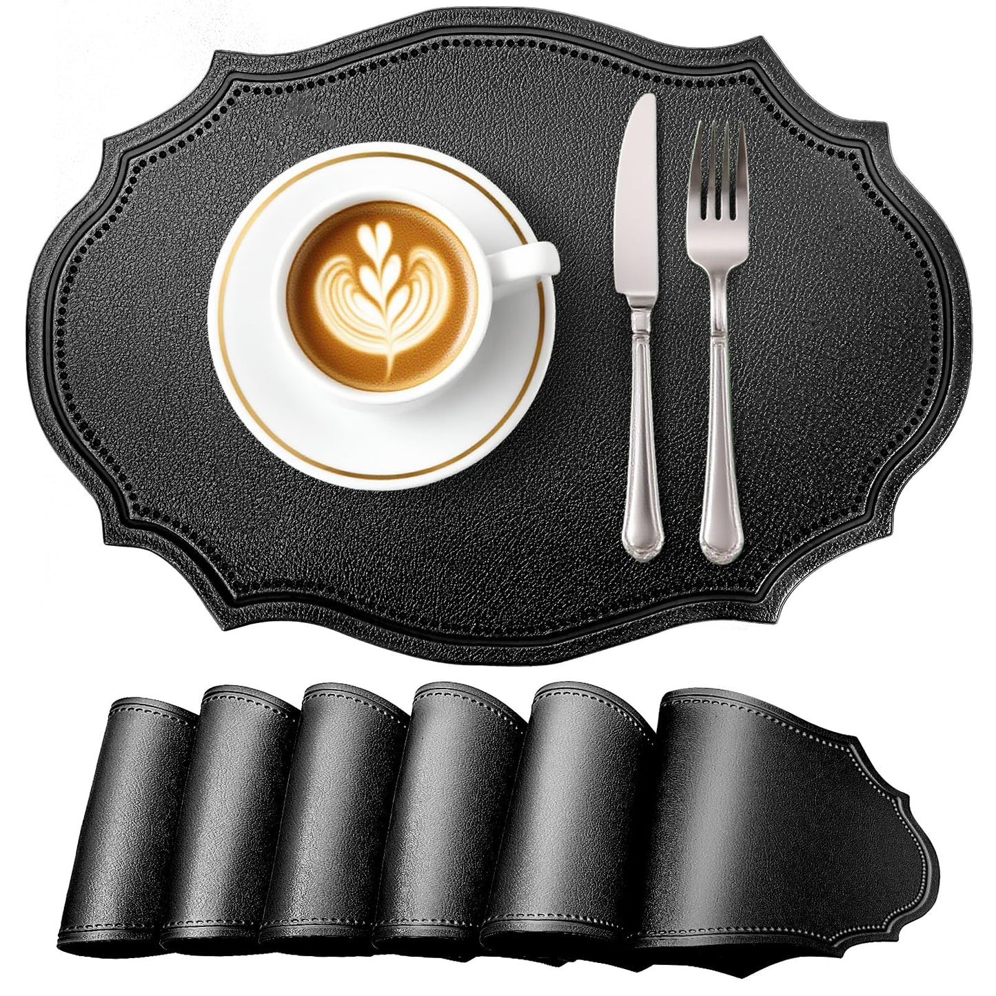 fanquare Faux Leather Placemats Set of 6,Oval Heat-Resistant Wipeable Surface Tablemats, Non-Slip Grip, Waterproof Table Décor for Dining, Black