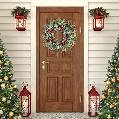 Sggvecsy 22 Inch Artificial Christmas Wreath for Front Door Xmas Red Berry Wreath with Pine Needles Pine Cones Eucalyptus Leaves Christmas Decorations for Winter Wall Outdoor Home Holiday Xmas Decor