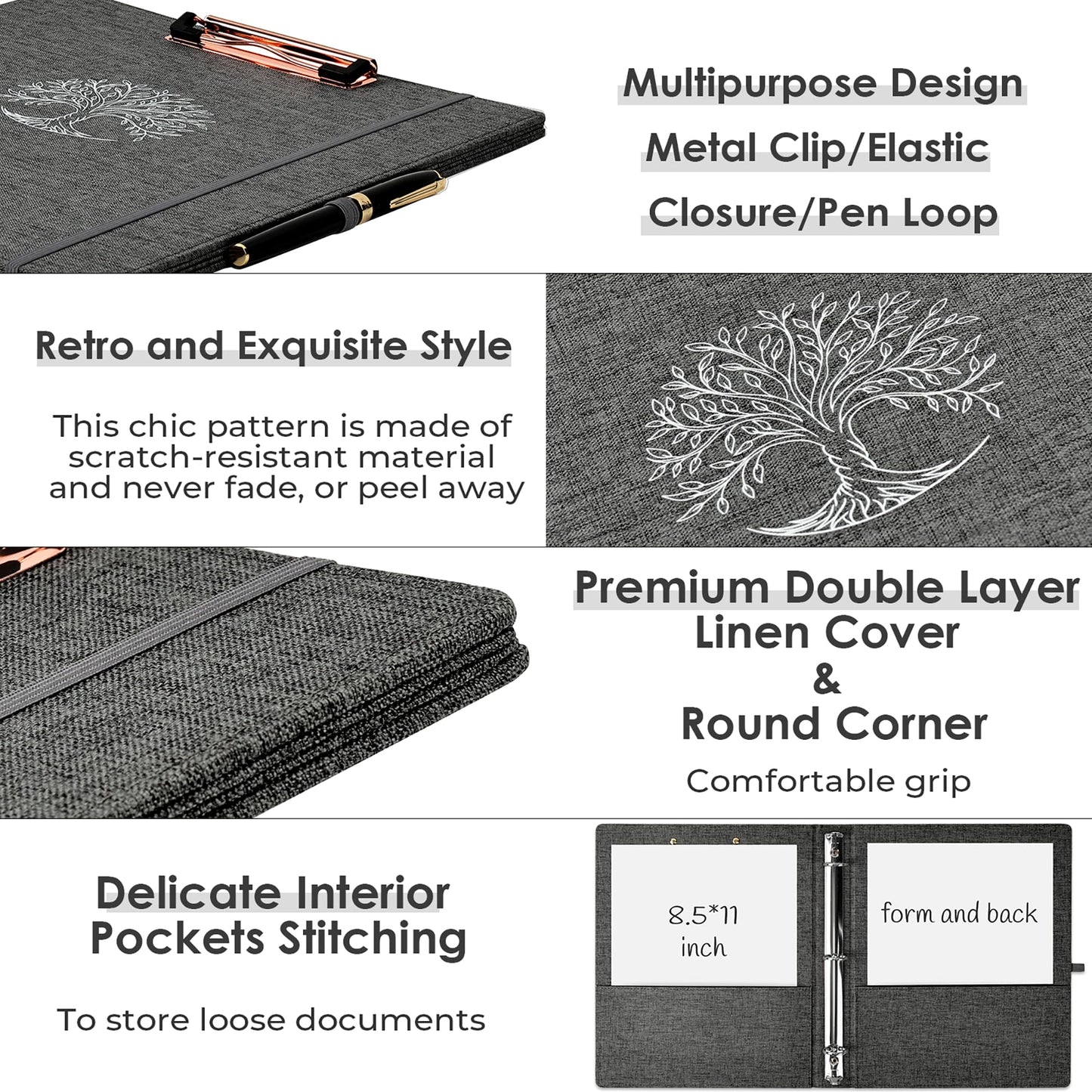 EYROZILL 3 Ring Binder, 1 Inch Linen Binder Organizer for Letter Size (8.5" x 11") with 5 Tab Dividers, File Folder Labels and Low Profile Clipboards, School and Office Supplies- Dark Grey