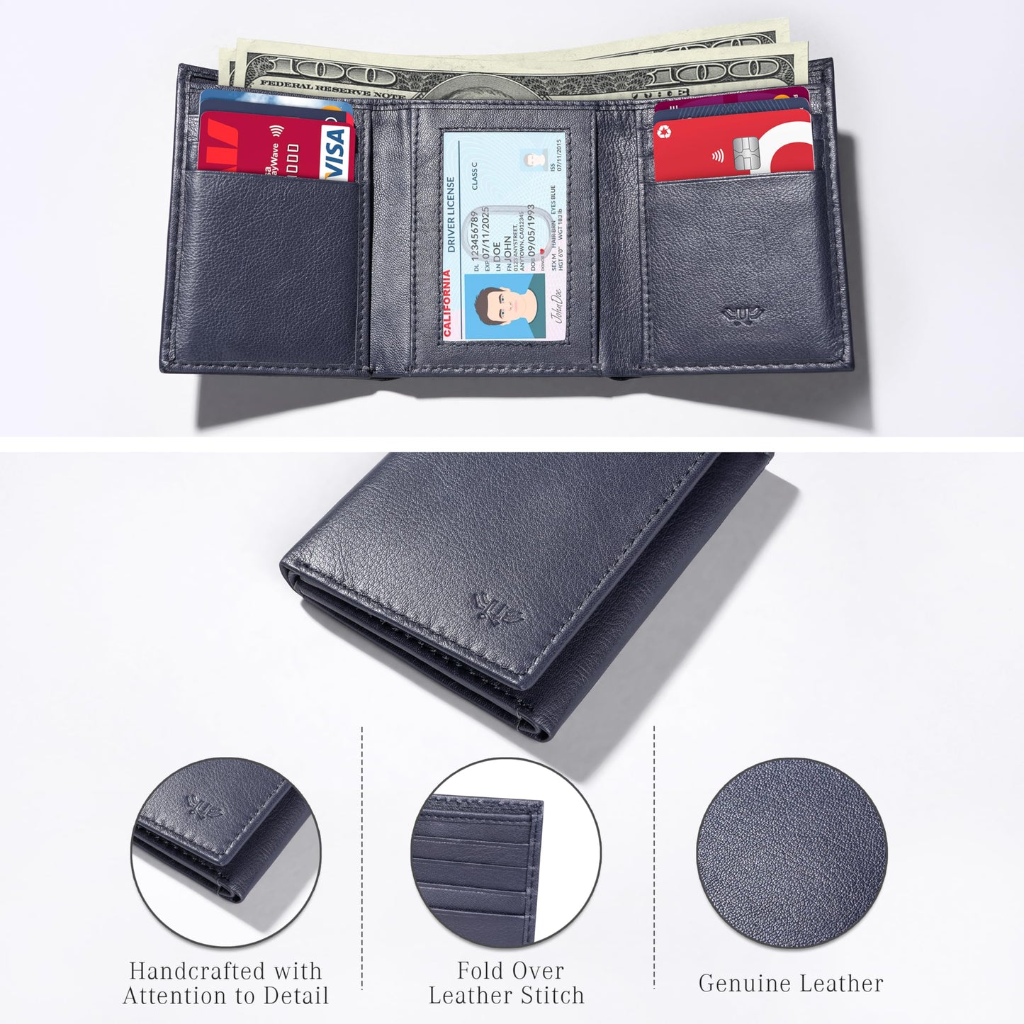 LushLuxeoria Full Grain Genuine Leather Wallet for Men, Handcrafted Travel Wallet, Minimalist Slim Trifold Wallet, Anti-Theft RFID Blocking Wallet - Tri-fold - Navy