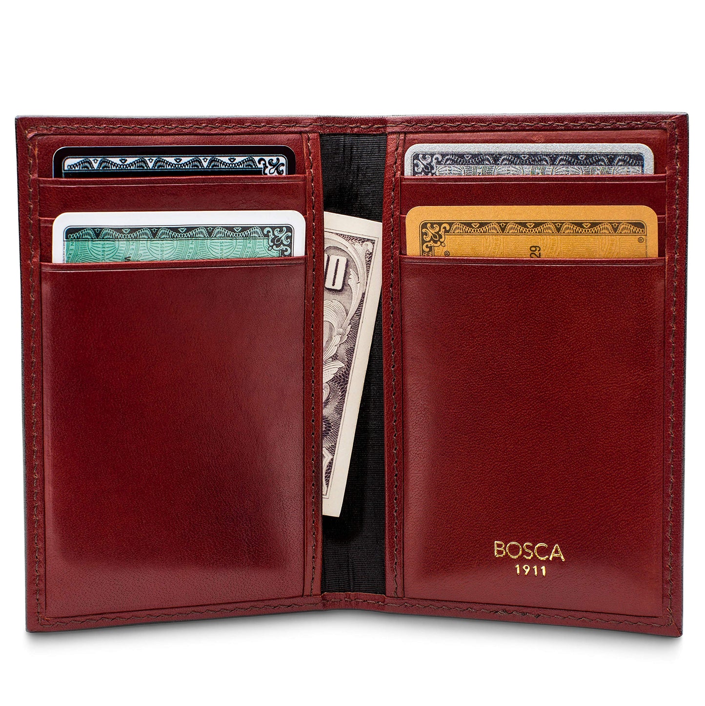 Bosca Men's Leather Card Holder Wallet – Italian Full Grain Vegetable Tanned Credit Card Case – 6 Card Slots, 2 Receipt Wells – Classic Glossy Finish – Gift-Ready Packaging - Dark Brown