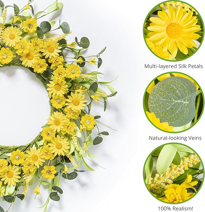 Spring Summer Door Wreath 20 Inch Yellow Daisies/Forsythia Flowers with Eucalyptus Leaves Seasonal Wreath for Front Door, Wall, or Porch Patio Decor