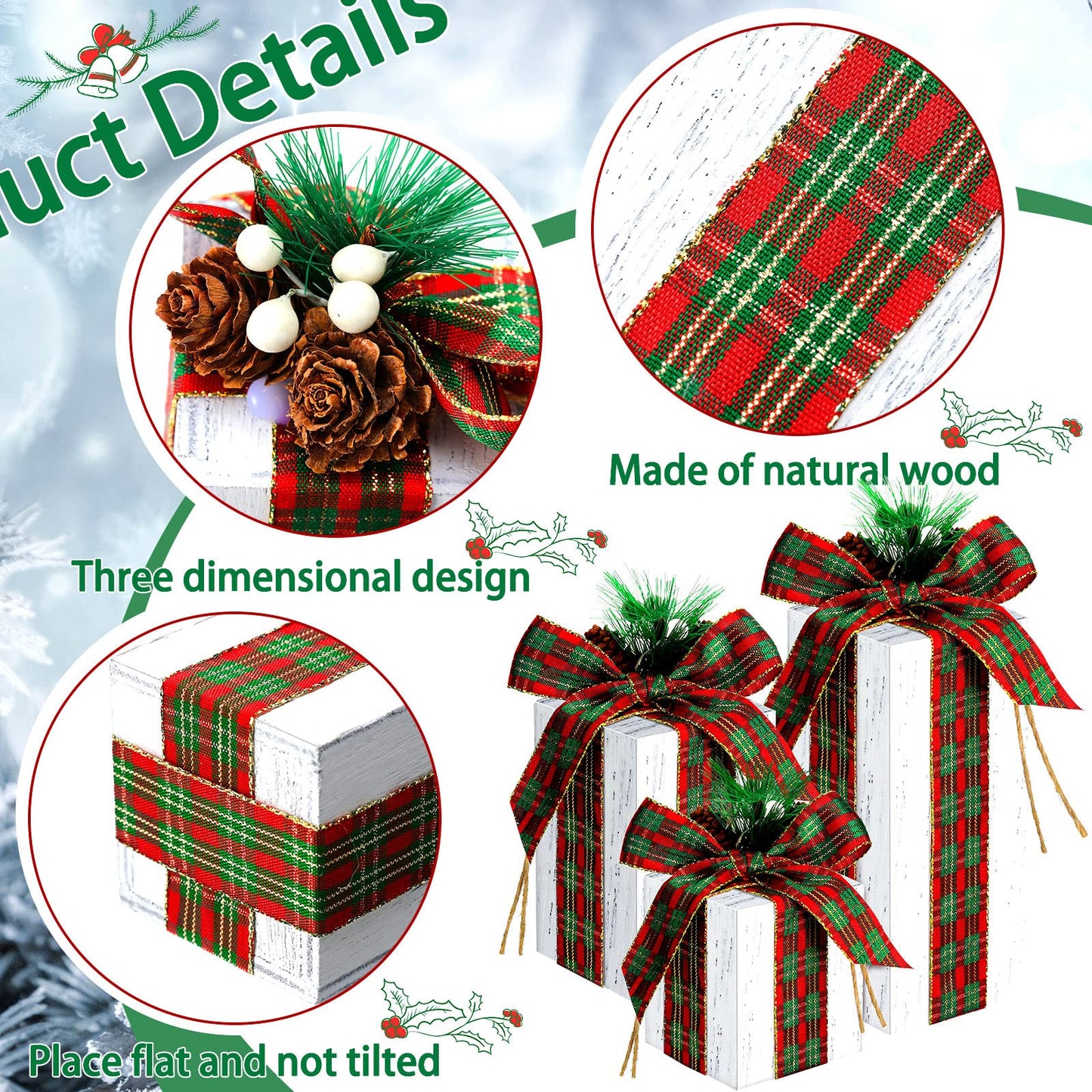 Amyhill 3 Pcs Christmas Wooden Gifts Box Decor Christmas Plaid Presents Table Centerpieces Rustic Wooden Gifts Tiered Tray Decor with Buffalo Plaid Bowknot for Xmas Party(White,Retro)