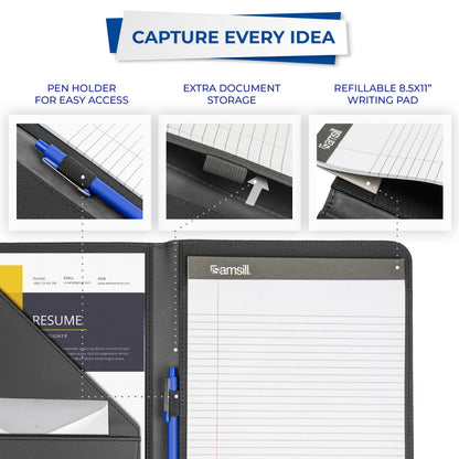 Samsill Contrast Stitch Faux-Leather Padfolio, Business Portfolio for Men and Women, Resume Document Organizer with 8.5 x 11 Inch Writing Pad, Black