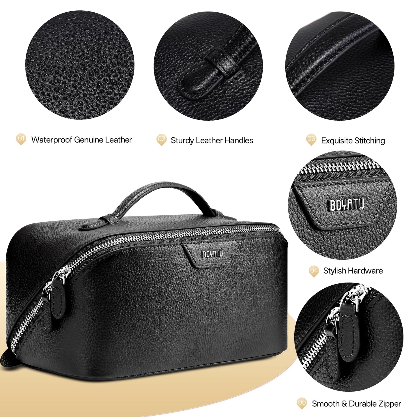 BOYATU Genuine Leather Travel Makeup Bag: Large Capacity 3 Pcs Set Cosmetic Bags for Women - Designer Waterproof Hand-made for Toiletry Organizer - Ladies Travel Essentials for Elegance (02Black)