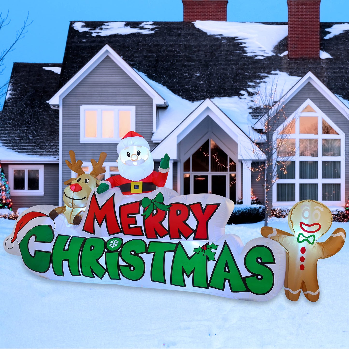Joiedomi 9.5 FT Christmas Inflatable Merry Christmas Sign with Santa, Reindeer & Gingerbread Man – Built-in LEDs, Outdoor Yard Garden Lawn Winter Decor for Xmas Party