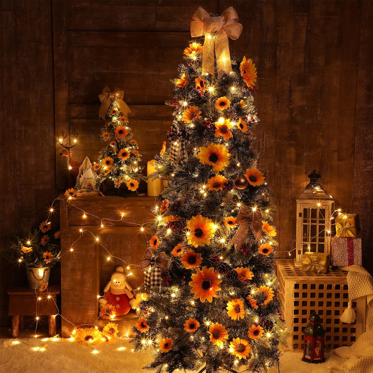Jetec 60 Pieces Artificial Sunflower Heads with 80 LEDs String Light and Bow, Christmas Sunflower Tree Decoration Kit Yellow Artificial Floral Ornaments for Christmas Tree Home Fireplace Party Decor