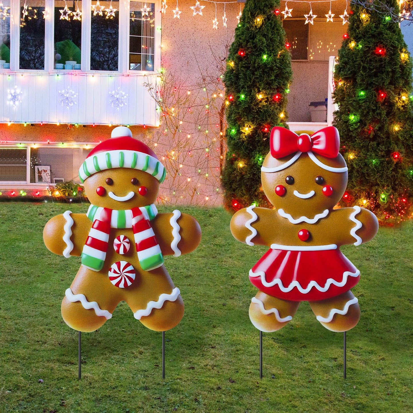 Memorywuu 2 Pack Christmas in July Yard Stakes Metal Stakes 3D Boy and Girl Yard Sign Christmas Outdoor Decorations for Outside Holiday Xmas Winter Ornament Lawn(Classic Gingerbread Man Couple)