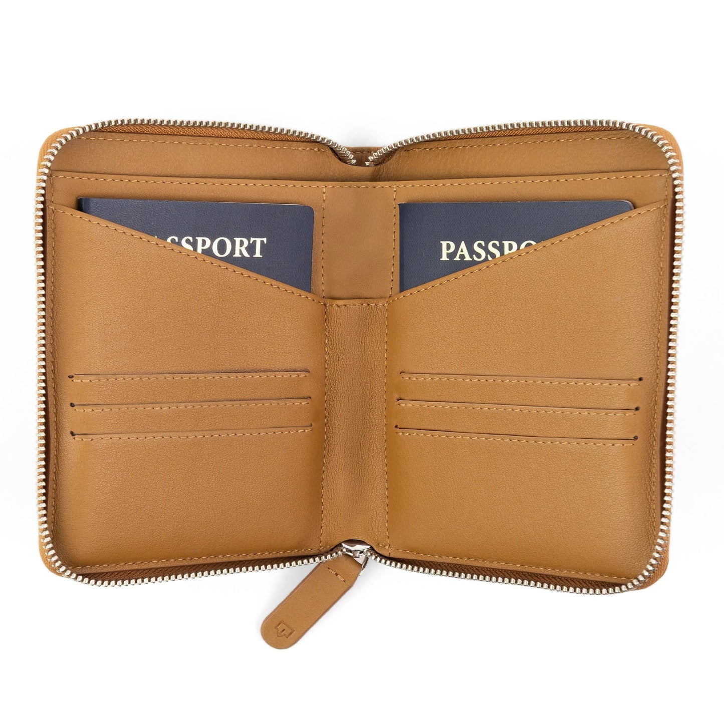 Travaci Full Grain Leather Passport Holder for 2 Passports - Dual Passport Holder and Travel Documents Organizer - RFID Travel Wallet for Couples - Camel
