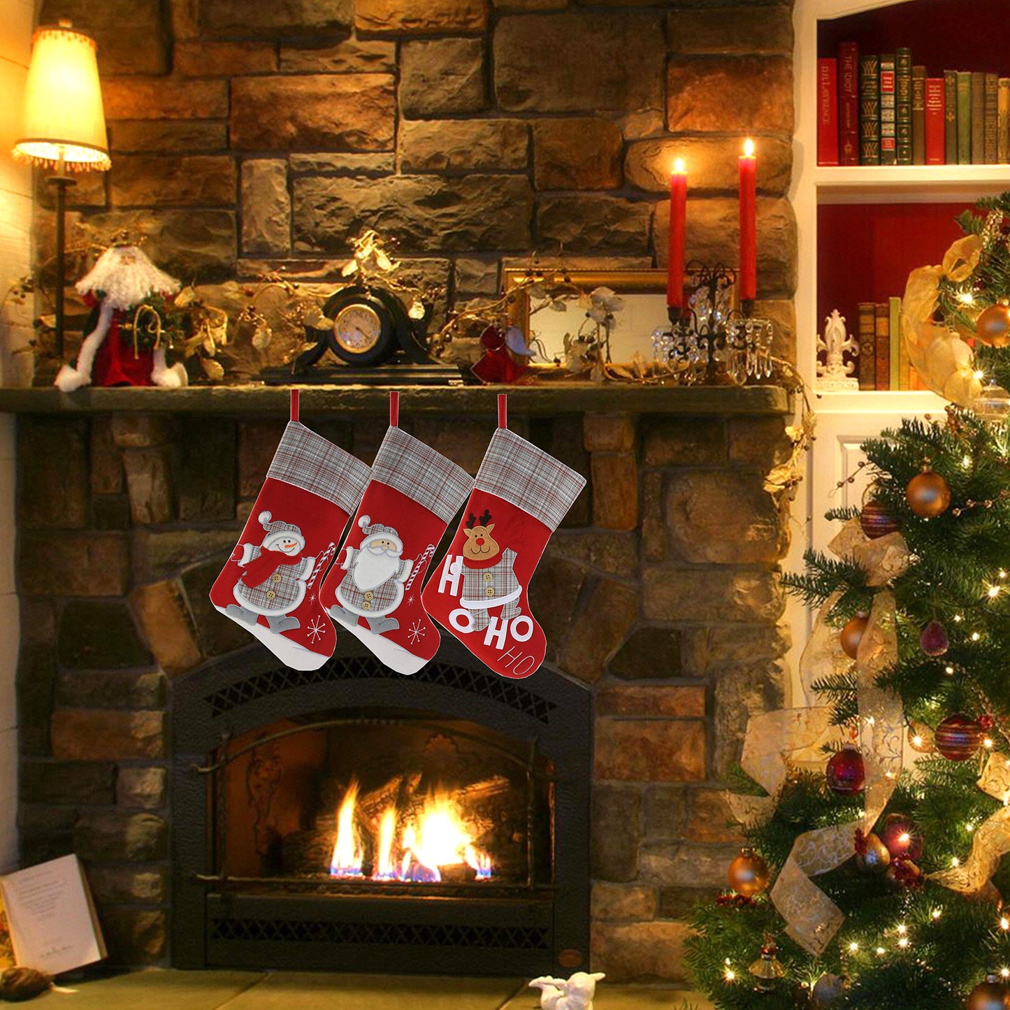WEWILL Lovely Christmas Stockings Set of 3 Santa, Snowman, Reindeer, Xmas Character 3D Plush Linen Hanging Tag Knit Border for Family Kids