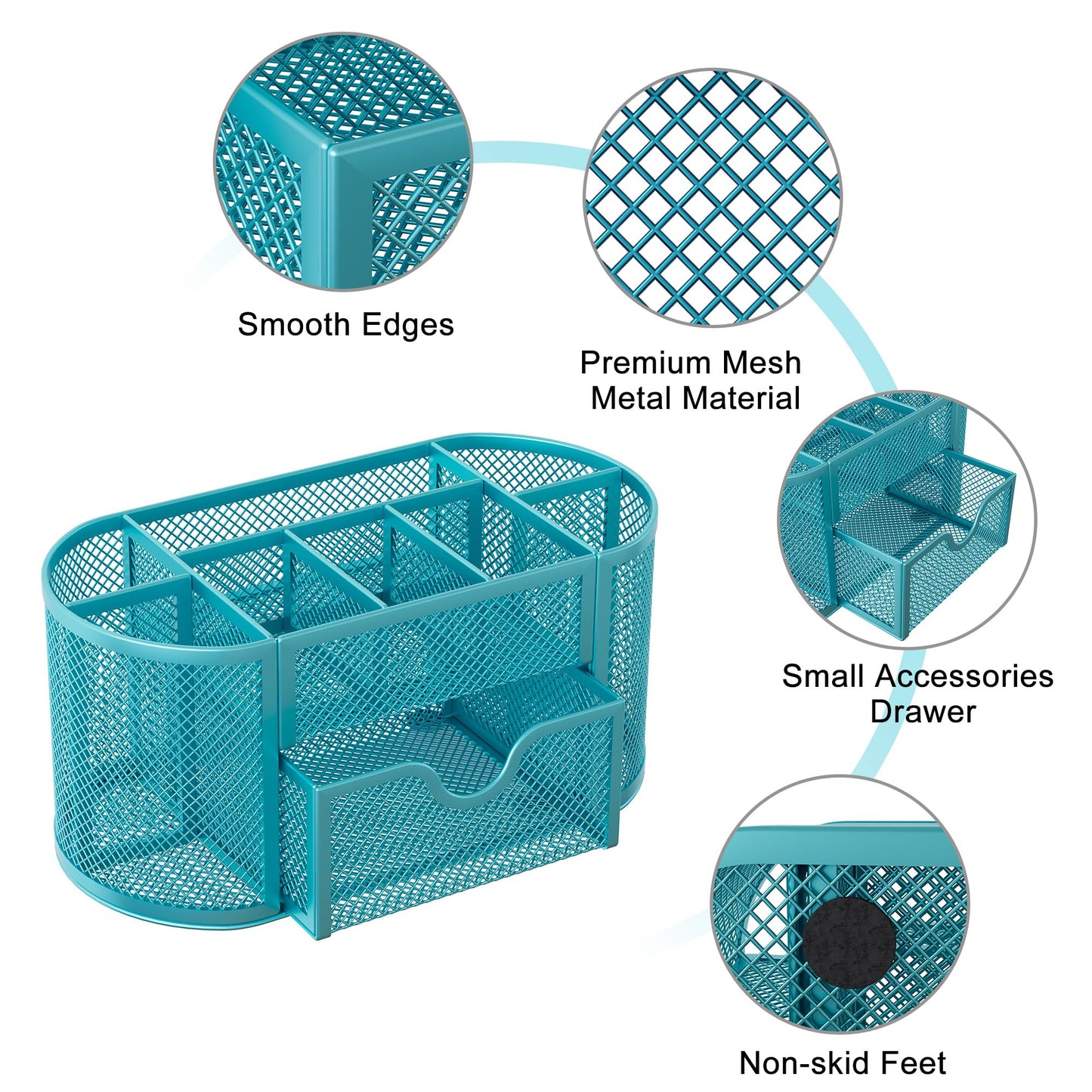 EasyPAG Mesh Pen Holder Desk Organizer with Drawer Stationery Supplies Organizer for Dorm School 9 Compartments Workspace Desk Accessories Organization for Office, Blue