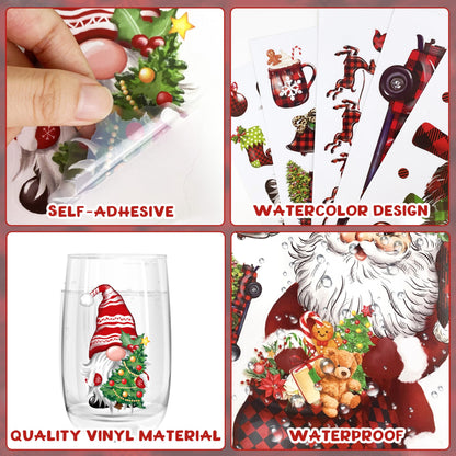 Christmas Wall Stickers Decoration 12 Sheets, Buffalo Plaid Christmas Wall Decals Holiday Letter Trees Decor, Winter Snowflake Vinyl Stickers for Living Room Bedroom Home Office