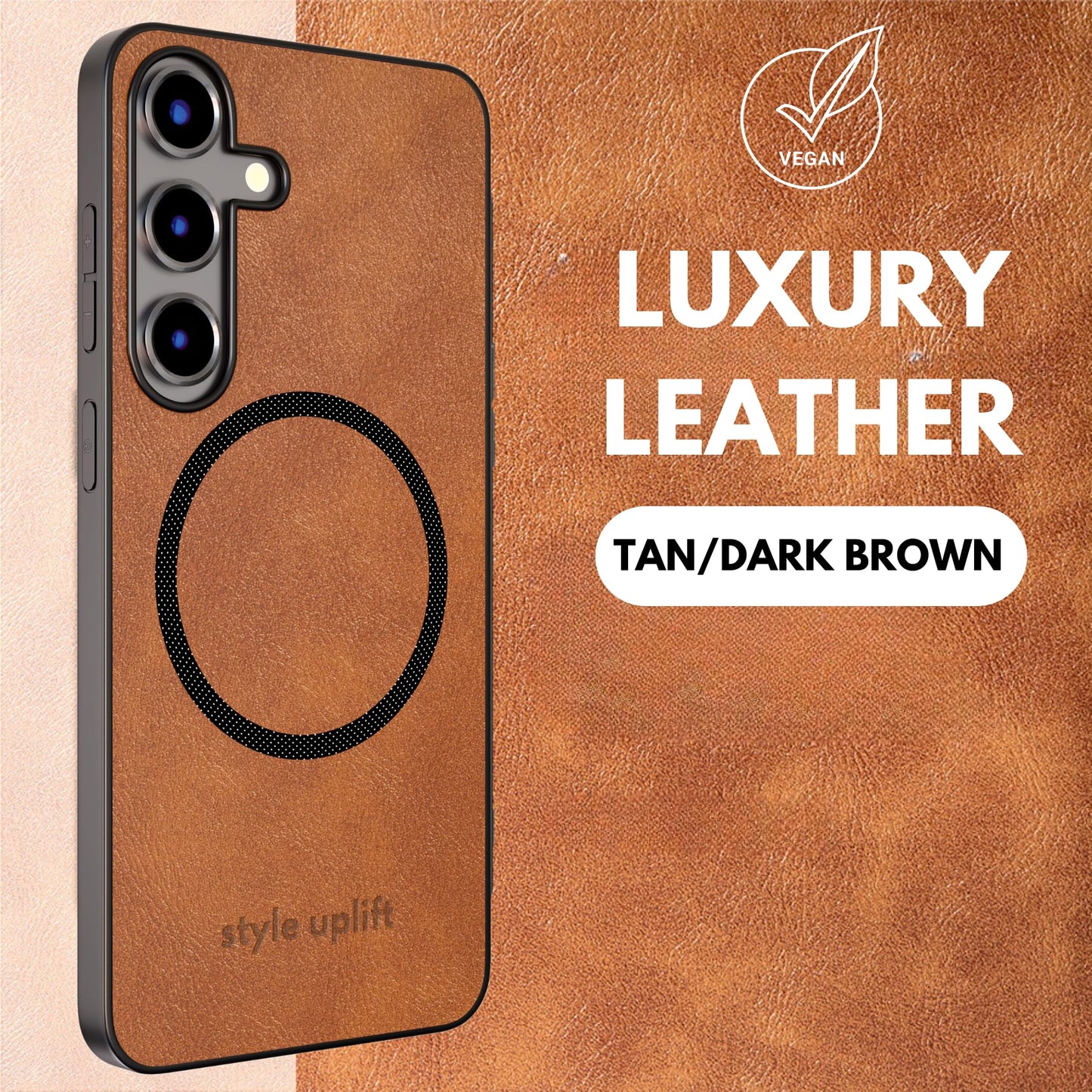Style Uplift SU - Samsung S24 Magnetic Vegan Leather Case - SU.Shield Slim & Protective Design, Compatible with MagSafe, Wireless Charging - Tan Brown Case, Phone Case for Samsung S24 (6.2")