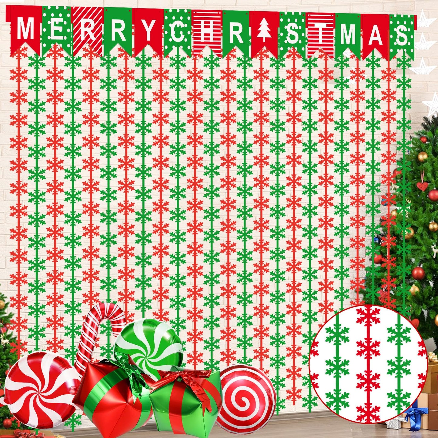 Blosssound 11PCS Christmas Decorations Set Xmas Foil Fringe Curtains Backdrop Christmas Banner Lollipop Candy Cane Balloon Red Green Snowflake Garland for Christmas New Year Ugly Sweater Party Decor