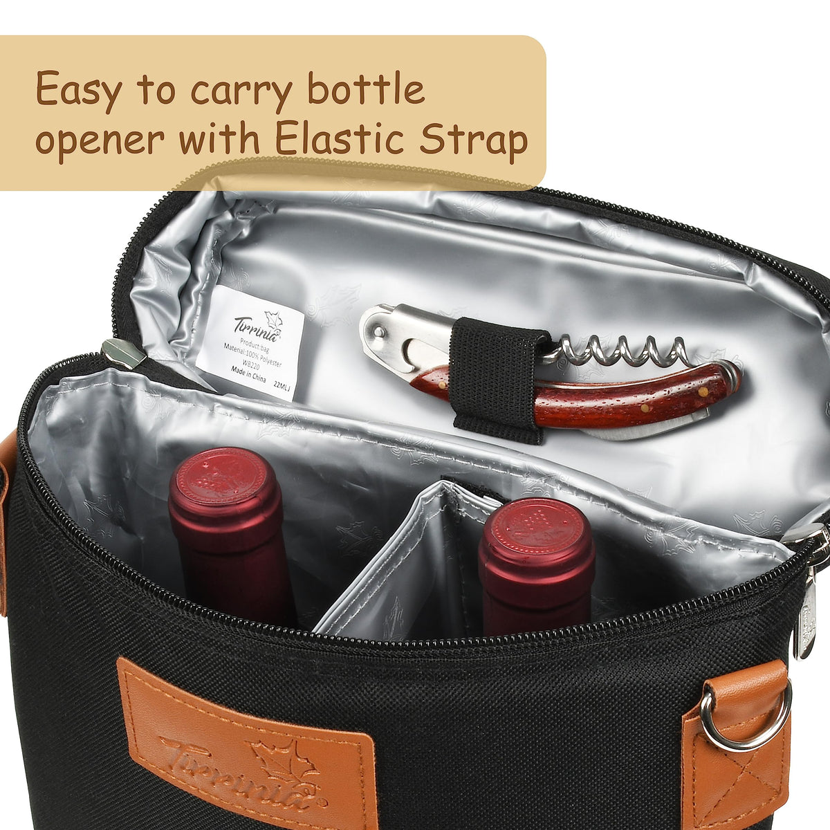Tirrinia 2 Bottle Leakproof Insulated Wine Tote Carrier Bag - Padded Cooler for Travel, Restaurants, Tasting, Parties, Great Gift for Wine Lovers