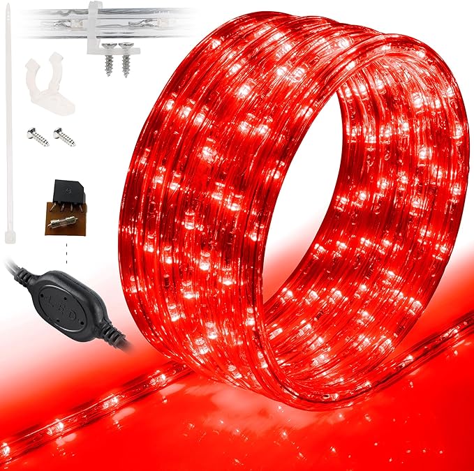 WYZworks 288LEDs 25ft LED Outside Rope Lights, Outdoor ETL Certified Waterproof Permanent 360 Degree Light Emitting, Flexible Tube, Connectable, Christmas Palm Tree Exterior Landscape, Red