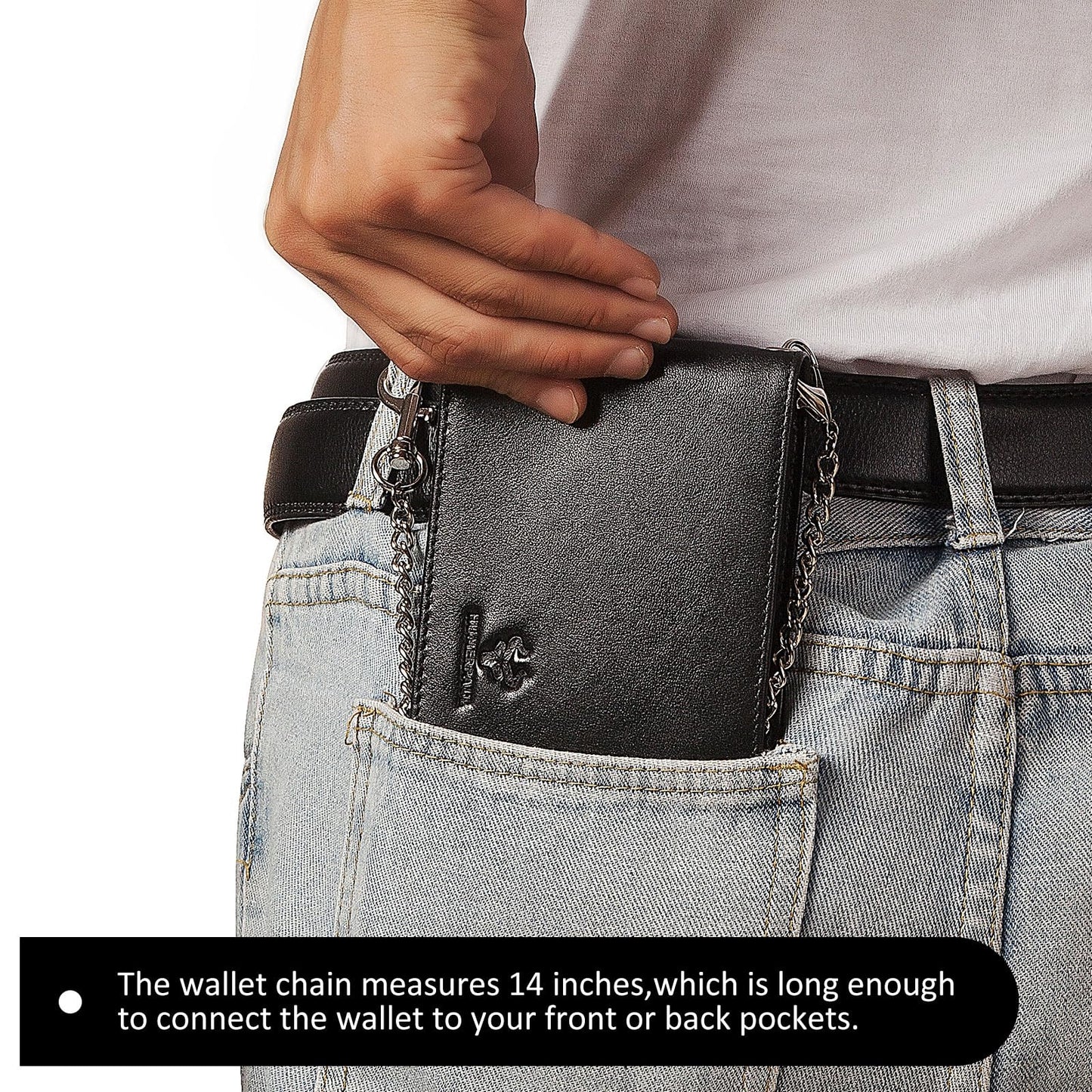 HUMERPAUL Mens Wallet with Chain, RFID Blocking Genuine Leather Bifold Wallet Minimalist With 2 ID Window (Black)